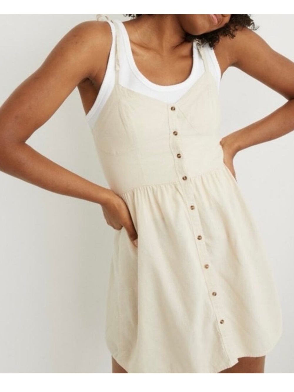 Aerie Babydoll Dress Small Beige Linen Button Front Tie Strap Sundress